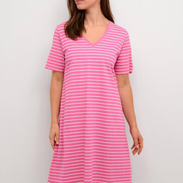 LADIES V NECK FUSCHIA WHITE STRIPE SHORT SLEEVE DRESS