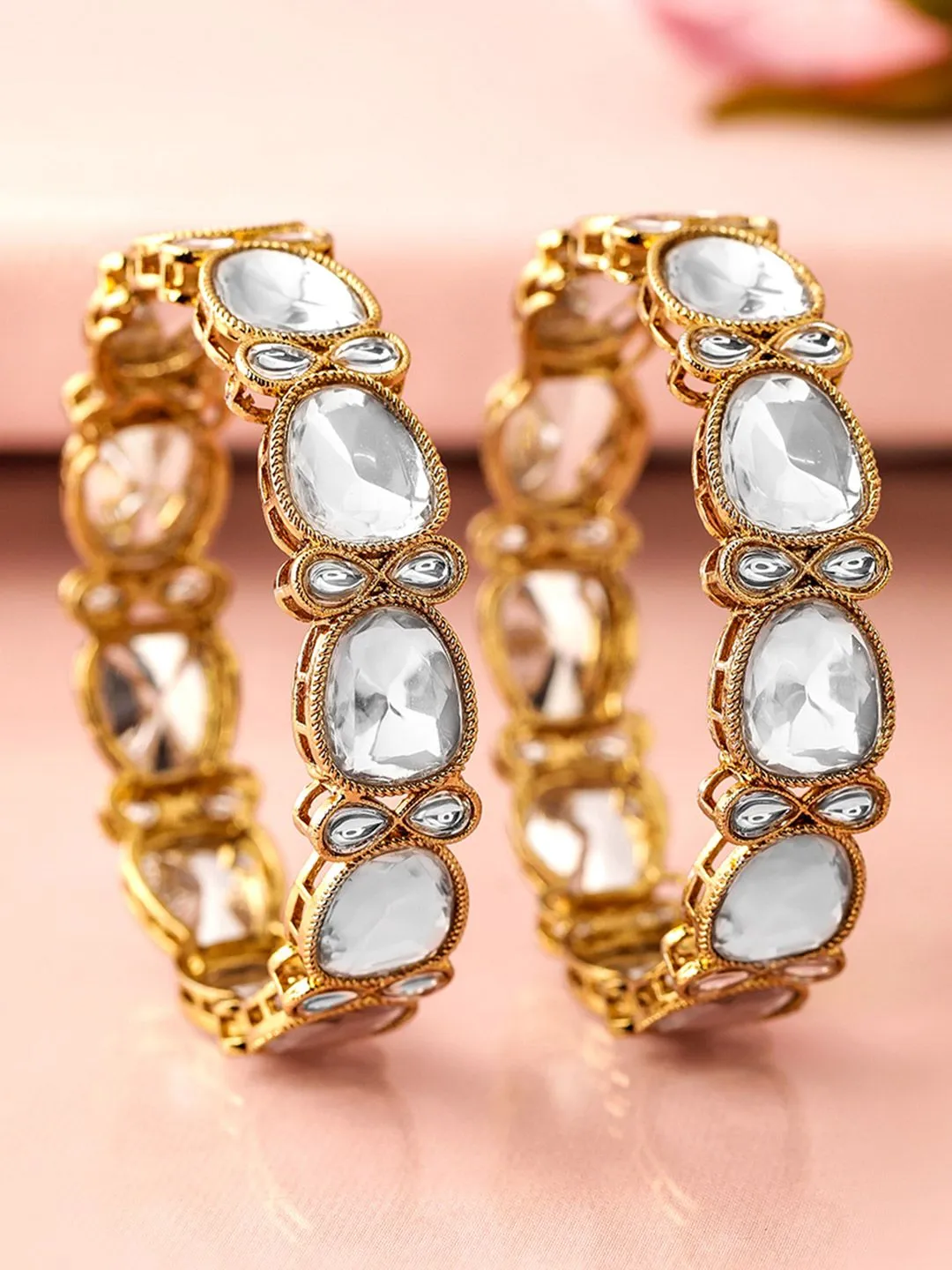 Rubans Set of 2 18K Mehandi Gold-Plated Crystal White CubicZirconia Studded Premium Bangle