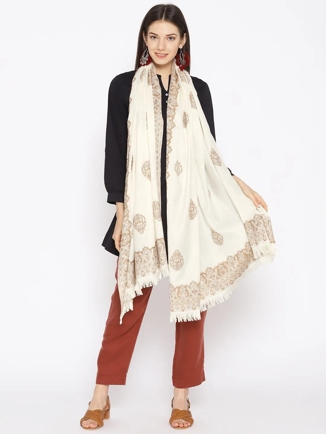WEAVERS VILLA Women Off-White & Beige Woven Design Shawl