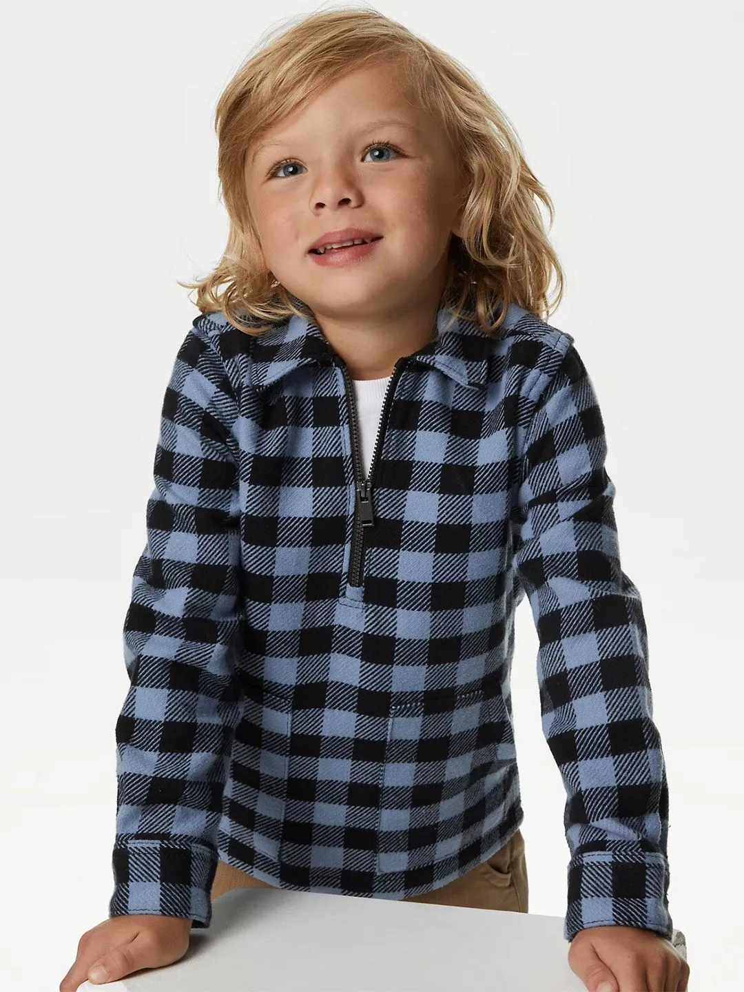 Marks & Spencer Boys Checked Shirt Collar Half Zipper Pure Cotton Pullover Sweatshirt