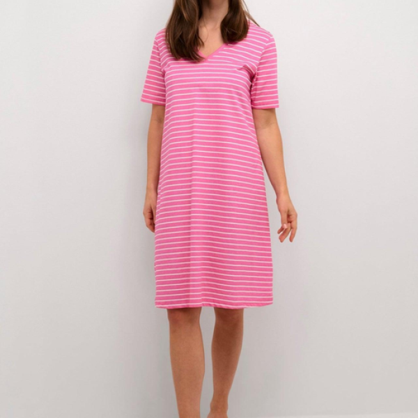 LADIES V NECK FUSCHIA WHITE STRIPE SHORT SLEEVE DRESS